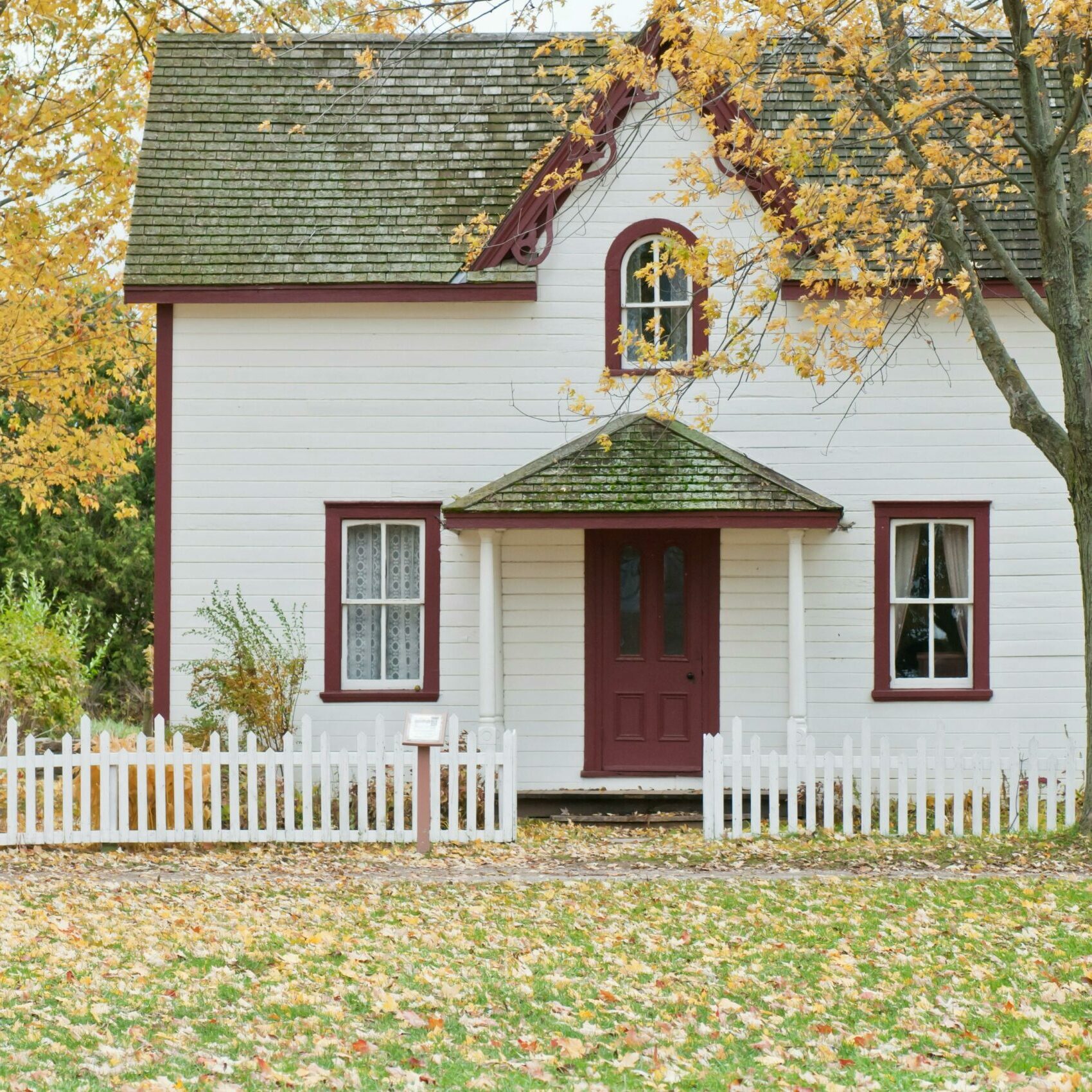 Landscape of a white home in the fall surrounded by yellow and green trees, and fallen leaves over a large lawn.